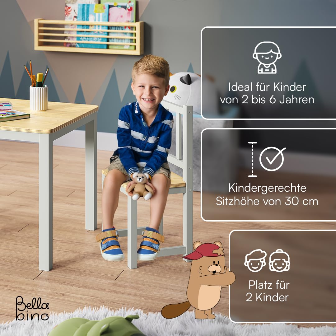 Bellabino Sora Kindersitzgruppe – Kindertisch mit 2 Stühlen aus Holz – Sitzgruppe Indoor Grau – Kinder Tisch Stuhl Set für Drinnen – Maltisch & Basteltisch ab 2 Jahren – Spieltisch für Kinderzimmer
