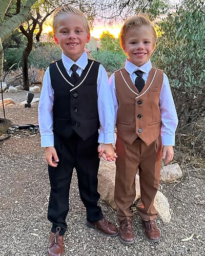 Image of LOLANTA 4Pcs Boys Formal Suit, Kids Tuxedo Vest for Wedding Birthday Party Dress Suits with Shirt and Tie for 3-13 Years