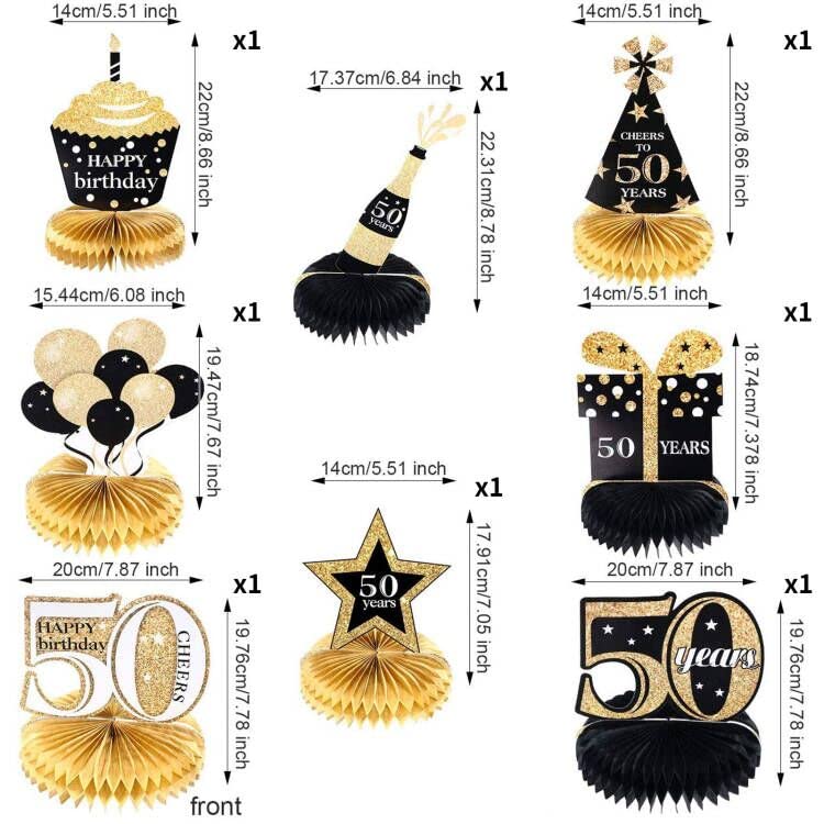 50. Geburtstag Tischdekoration, 9-teilig, Schwarz-gold, Waben-Design Mit Konfetti – Für Frauen & Herren