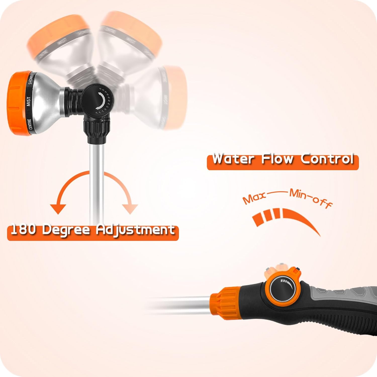 Blütezeit 18-Inch Hose Wand, Water Sprayer with 8 Watering Patterns, Heavy-Duty Metal Hose Nozzle,180° Adjustable Swivel Head Sprinkler,Thumb Flow Control On/Off Valve for Garden & Lawn