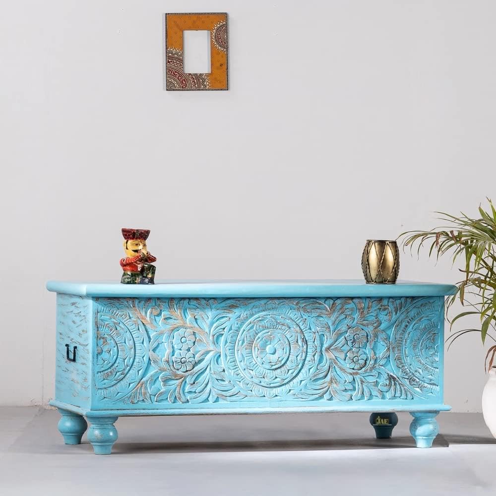 JAE Furniture Wooden Carved Coffee Table with Storage | Wooden Trunk Cum Centre Table | Tea Table for Living Room | Coffee Tables for Living Room Furniture | Mango Wood, Blue Distress