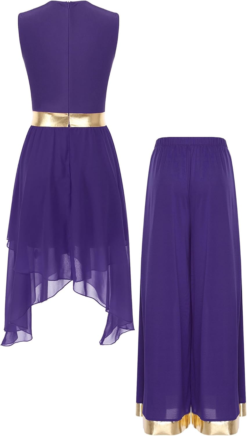 Womens Celebration of Spirit Sleeveless Dance Outfit Metallic Shiny Patchwork Praise Dress and Pants