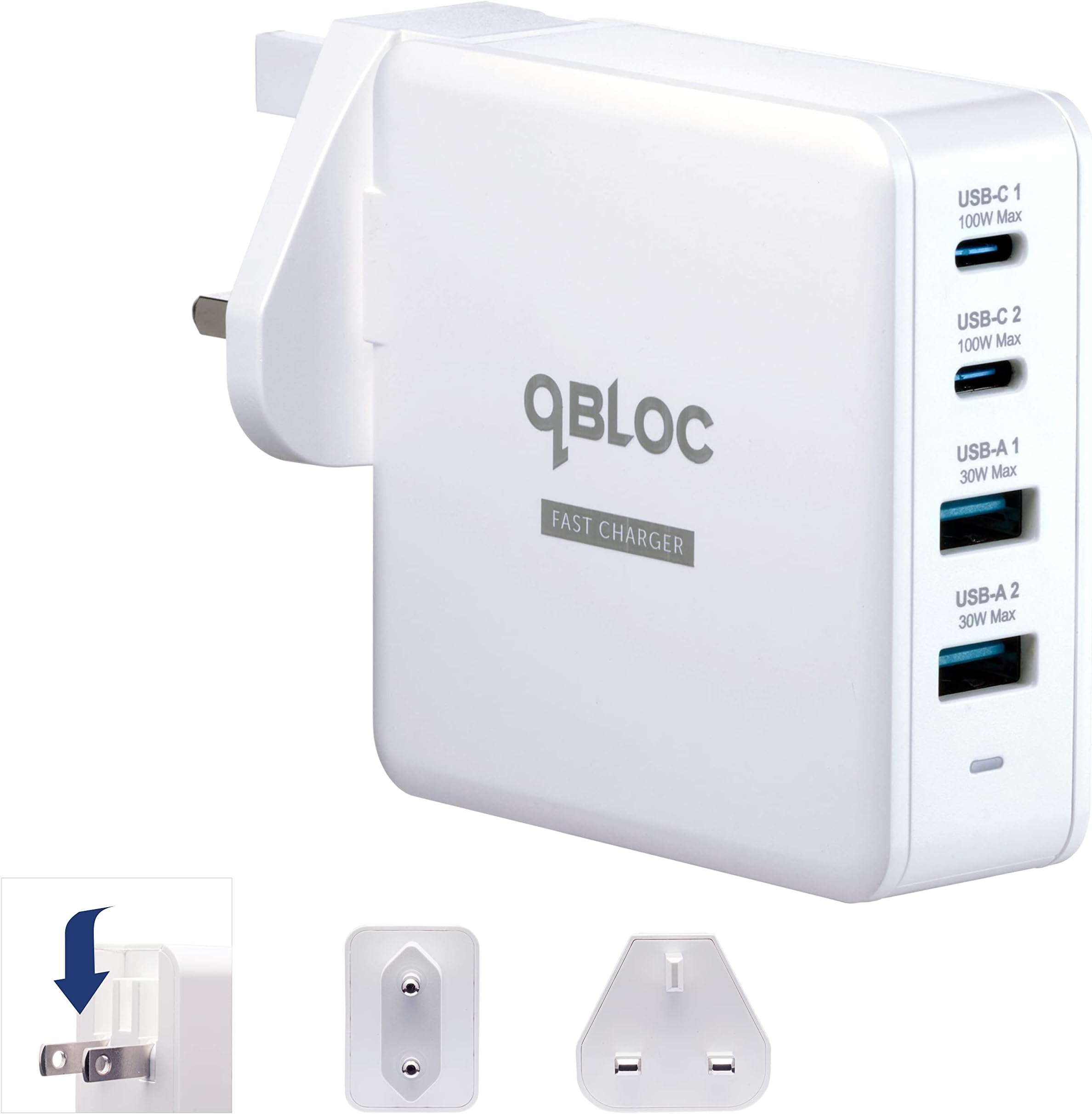 100W USB C Charger, qBLOC A100 Fast Charger USB C Plug, 4 Port USB Plug Travel EU/US Adapter with GaN Charger PD, PPS, QC3.0 Compatible with Macbook Pro/Air, Dell Laptop, iPhone 15 Tablets & More