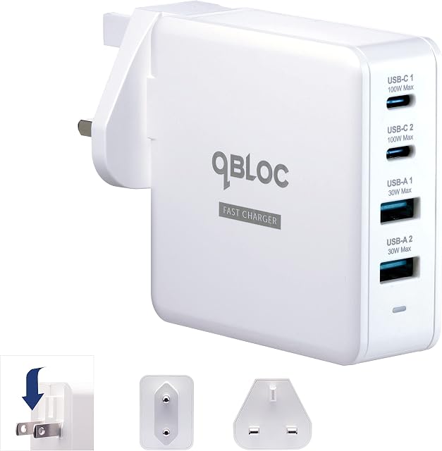 100W USB C Charger, qBLOC A100 Fast Charger USB C Plug, 4 Port USB Plug Travel EU Adapter with GaN Charger PD, PPS, QC3.0 Compatible with Macbook Pro/Air, Dell Laptop, Ipad, Iphone 13 Tablets and More