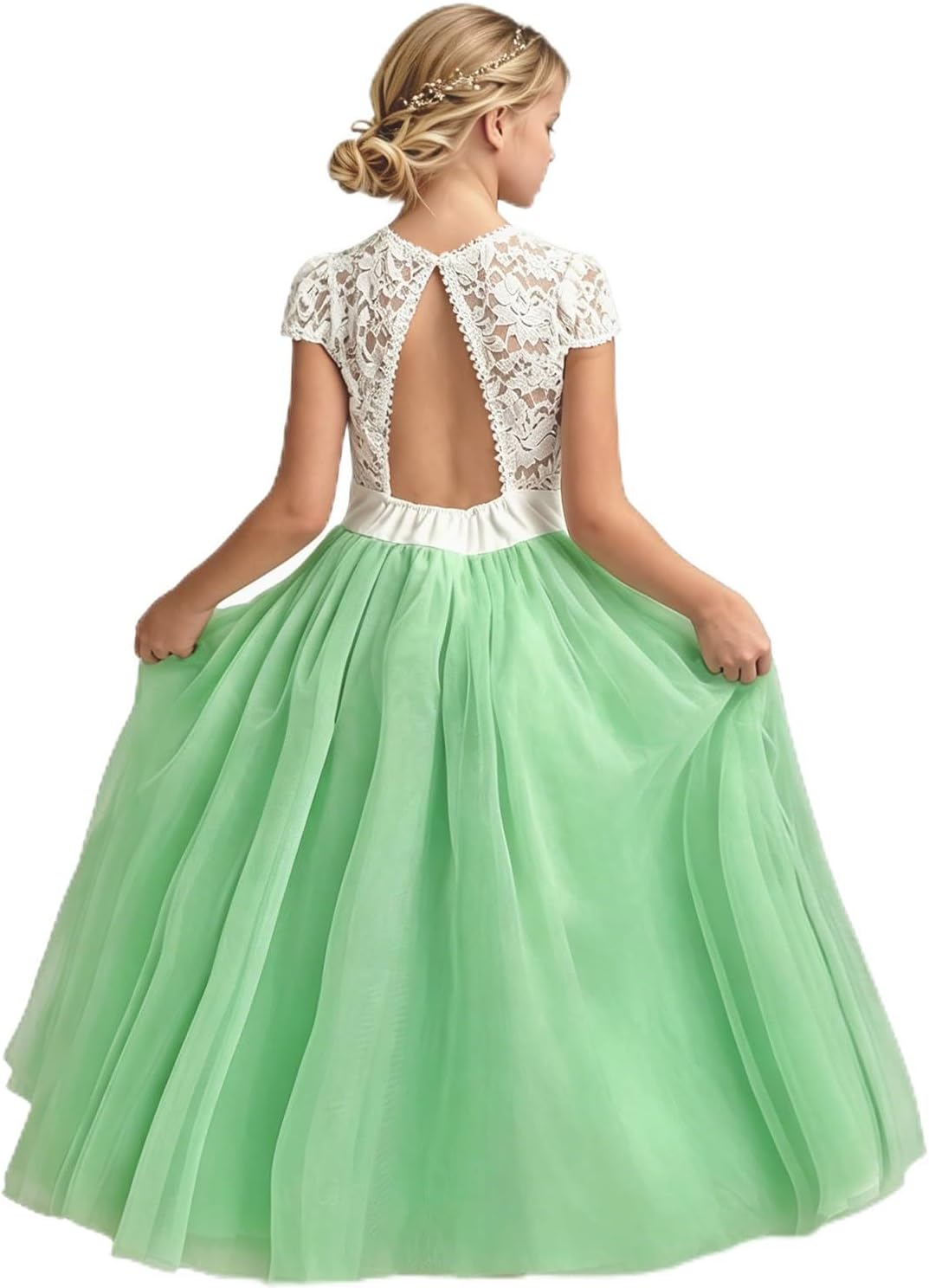 BIBIHOU Girls Kids Lace Backless Formal Wedding Full-Length Tulle Flower Girl Dress for Girl