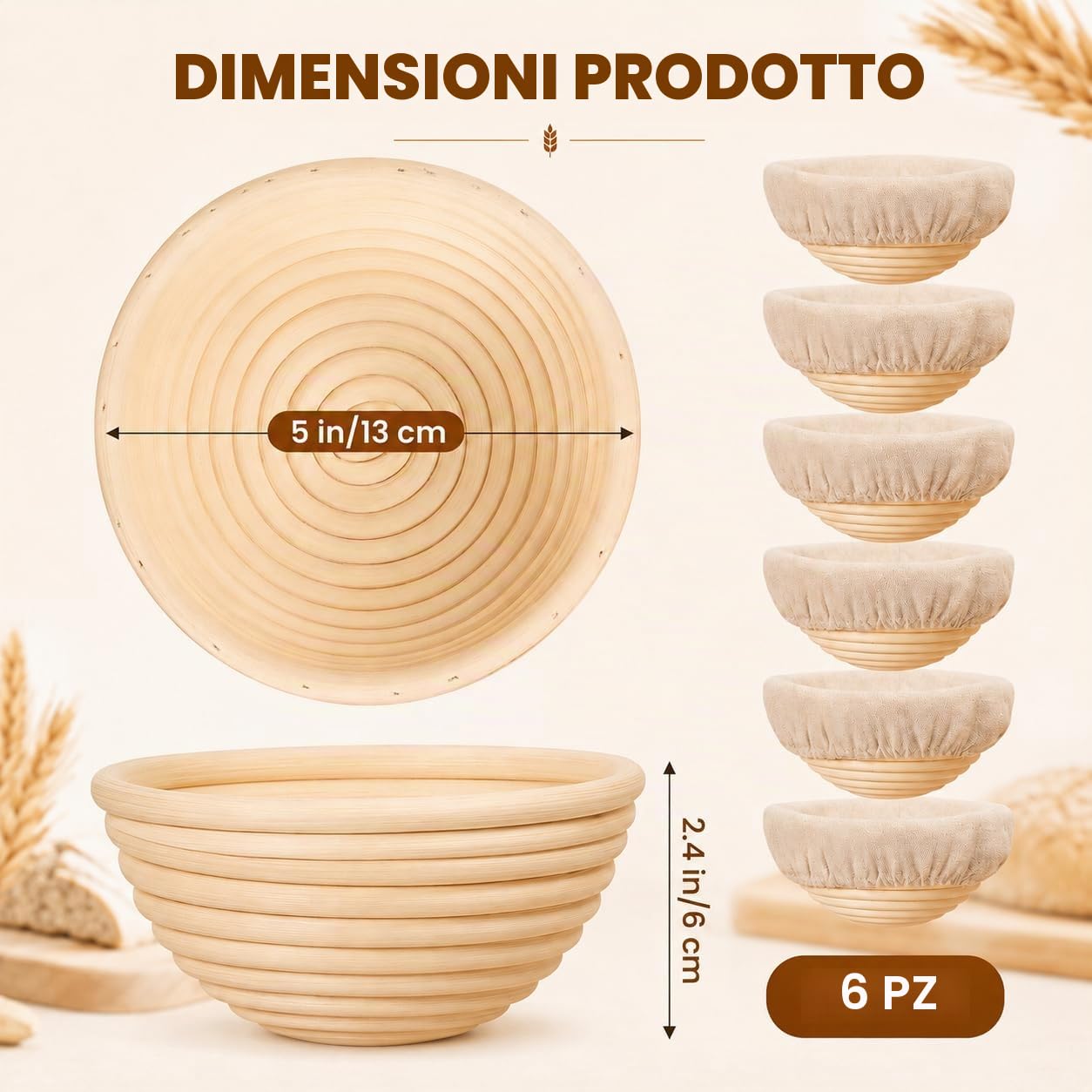 Banneton - Cestini per lievitazione del pane, 6 pezzi, piccoli cestini per lievitazione con rattan naturale, per panettieri professionali e casalinghi