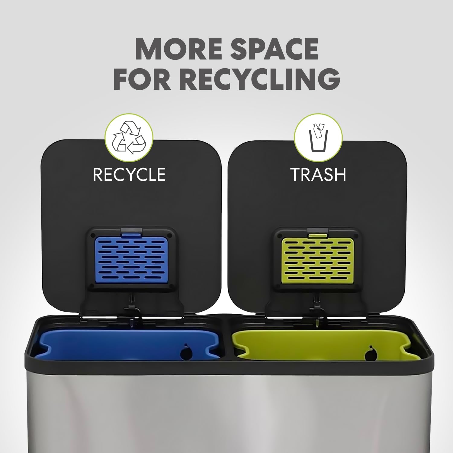 80 Liter / 21 Gallon Rectangular Hands-Free Dual Compartment Recycling Kitchen Step Trash Can with Soft-Close Single Lid, Stainless Steel (40L x 40 L Capacity) Stainless Steel Finish - Image 5