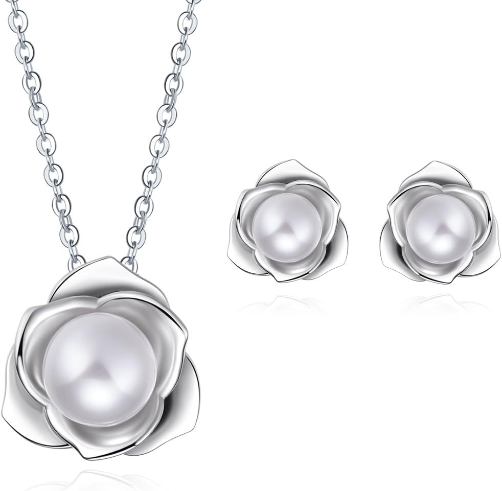 "Lovely Rose" High Polished 925 Sterling Silver Earrings with 7mm Natural Freshwater Pearl