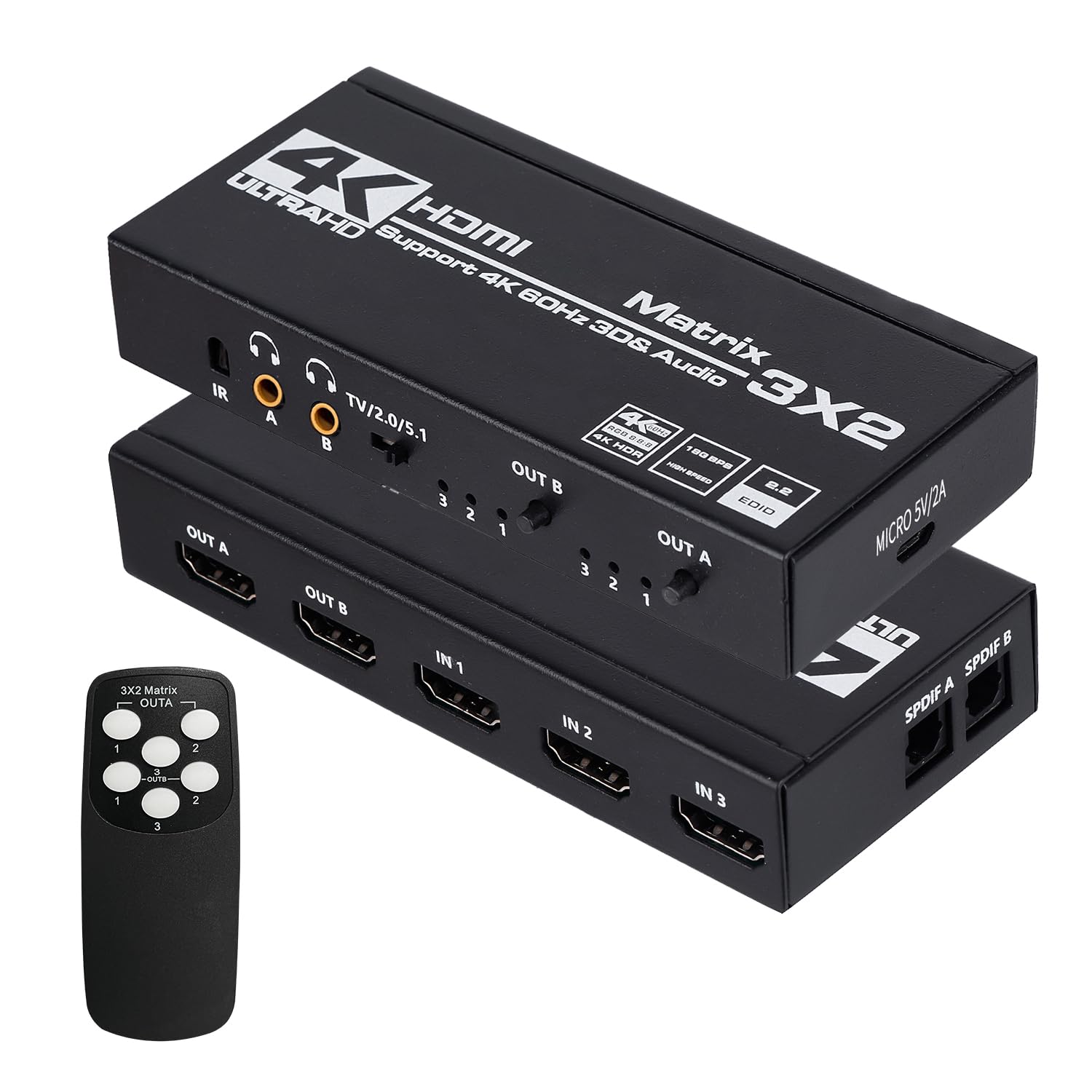 HDMI Matrix 3x2, 4K HDMI Matrix Switch 3 in 2 Out Switcher Splitter Box with EDID Extractor and IR Remote Control, Support Ultra 4K HDR, 4Kx2K@60Hz,