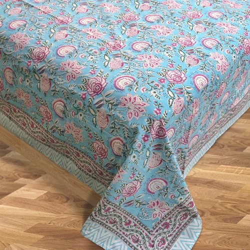Image of TOAI Hand Block Printed Bedsheet | Bed Spread Flatsheet Bed Sheet | Pure Cotton | Queen Size 90 inchx108 inch | 210 TC Luxury Cotton | 2 Reversible Pillow Covers |Pink Florals on Blue