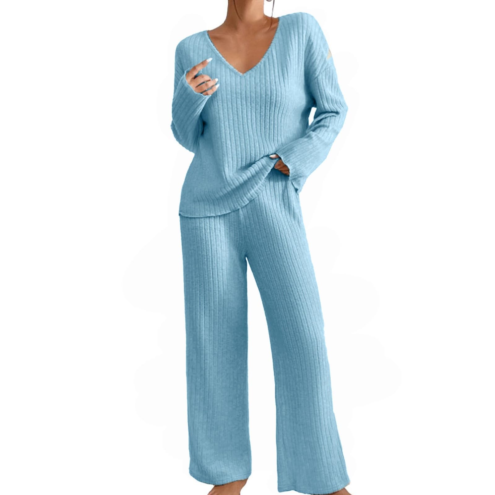 Pigiama e loungewear da donna, morbido maglia a coste, per la casa, per l'inverno, a maglia, set da due pezzi, a maniche lunghe, con scollo a V, per il tempo libero
