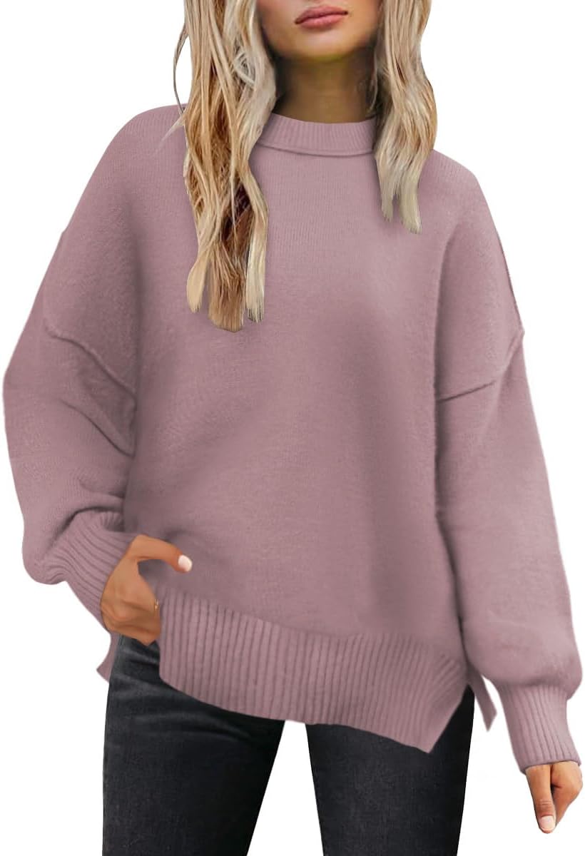 Lylinan Cozy Oversized Sweater for Women Side Slit Knit Pullover Crewneck Top for Fall Winter Outfits XS-XXL