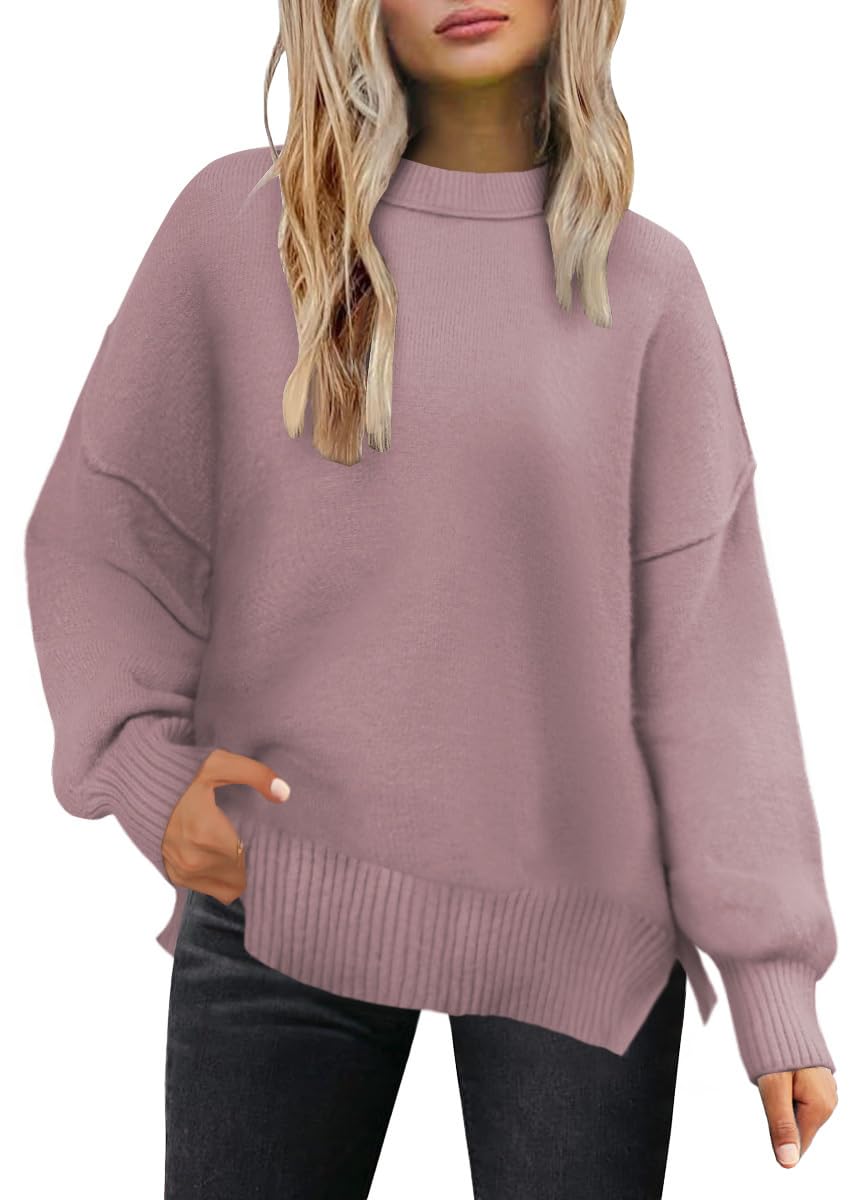 Lylinan Cozy Oversized Sweater for Women Side Slit Knit Pullover Crewneck Top for Fall Winter Outfits XS-XXL
