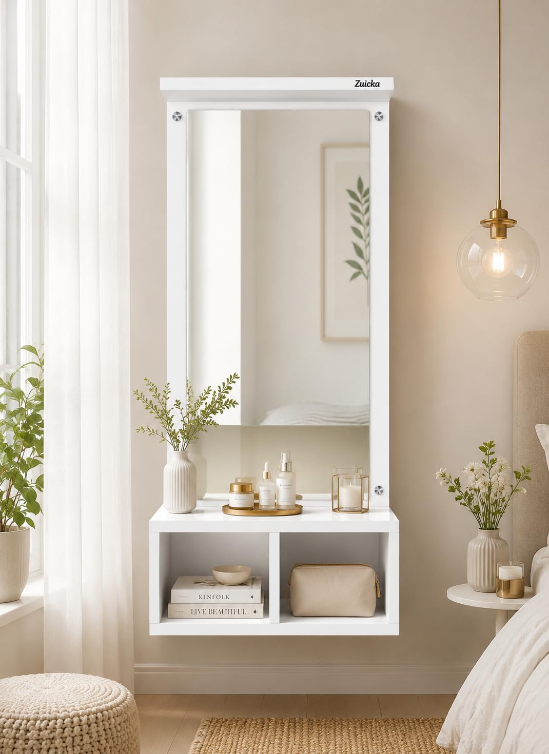 Wall Mounted Dressing Table with Mirror Finish Storage Shelf Compact Wall Vanity Makeup Organizer for Bedroom Bathroom Entryway Space Saving Home Furniture Decor (White)
