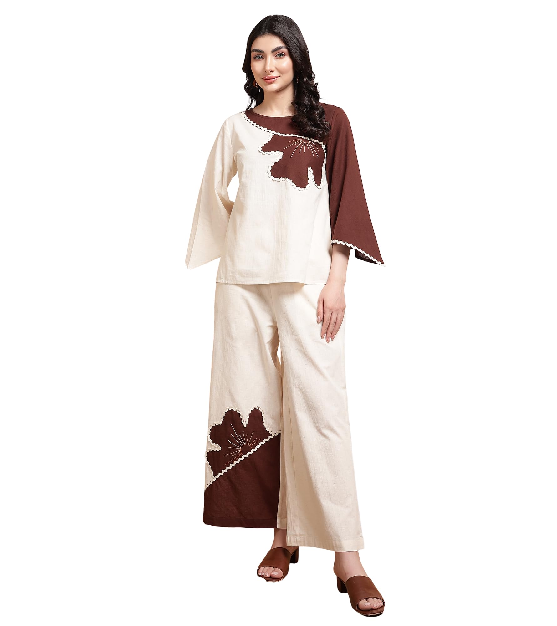 Solid Ptach Work Cotton Top & Pants Co-ord Set for Women's|Long Sleeve Boat Neck Relaxed Fit Stylish Summer Western Casual Wear Ladies Trendy Cord Set-image-40