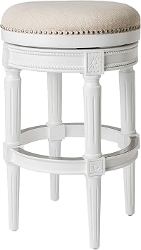 Maven Lane Pullman Wooden 180 Degree Swivel Backless 30" H Bar Stool Kitchen Chair with Nailhead Trim, Alabaster White Finish and Cream Fabric