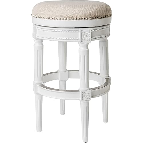 Maven Lane Pullman Wooden 180 Degree Swivel Backless 30" H Bar Stool Kitchen Chair with Nailhead Trim, Alabaster White Finish and Cream Fabric