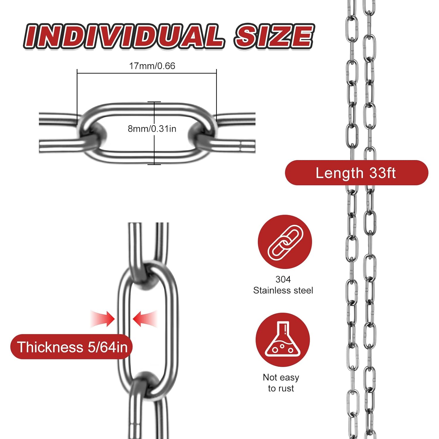304 Stainless Steel Link Chain, 5/64in-33ft, Small Hanging Chain Link, Metal Short Chain, Light Duty Coil Chains, for Hanging Plants,Pet Dog,Feeders, DIY Projects - Image 4