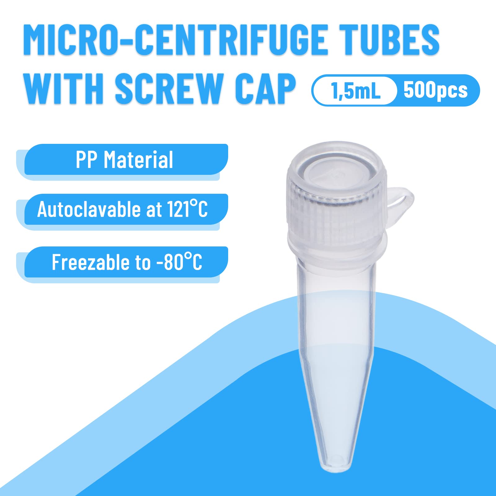 Microtube à centrifuger de laboratoire 1,5ml 500pcs Tubes à centrifuger avec bouchon à visser Transparent pour laboratoire Tubes à réaction échantillon Plastique Tubes à essai