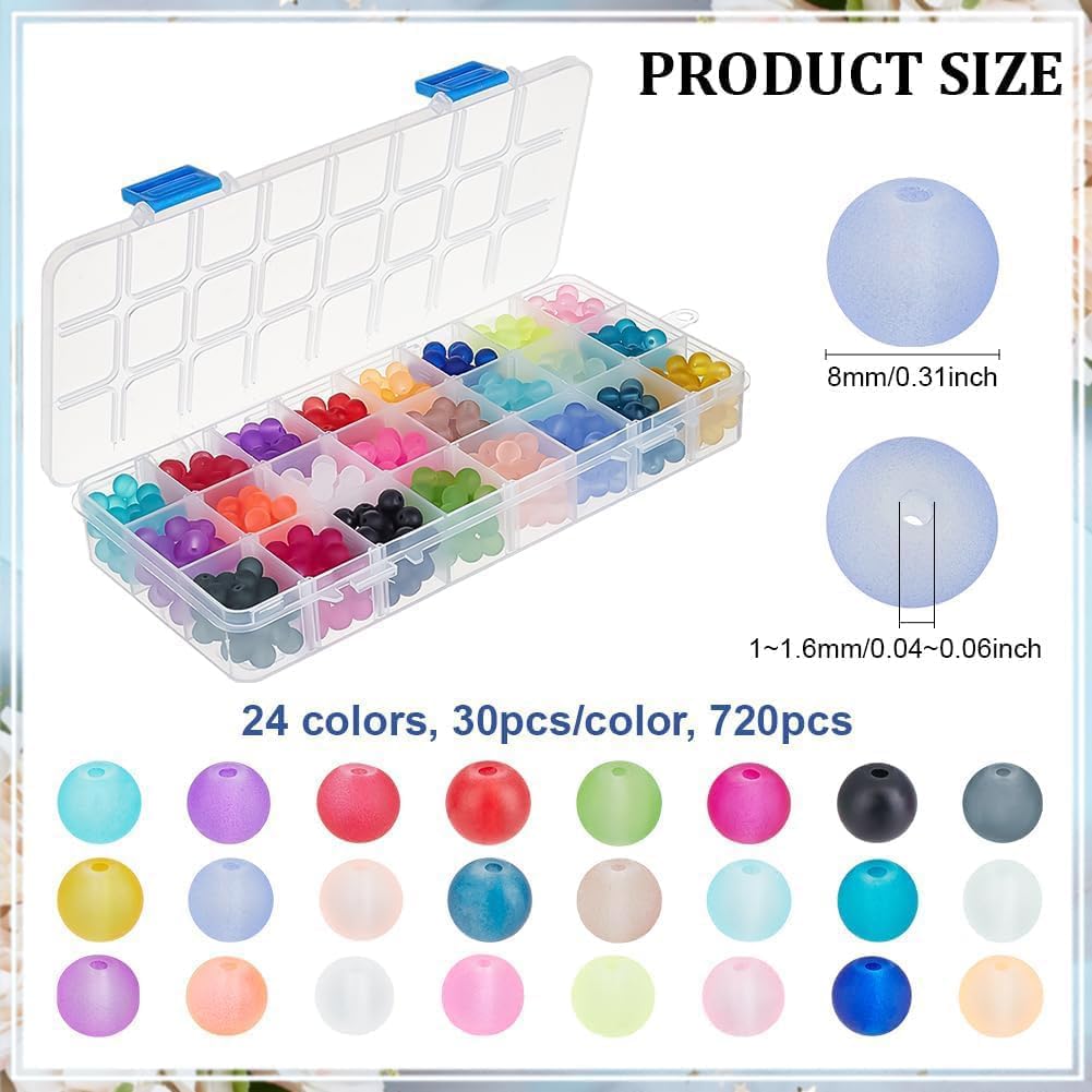 PH PandaHall 720pcs 8mm mattierte Glasperlen 24 Farben mattierte Kristallperlen Bunte Abstandshalter Perlen Lose runde Perlen Transparente Perlen für Armbänder Halskette Ohrring DIY Craft