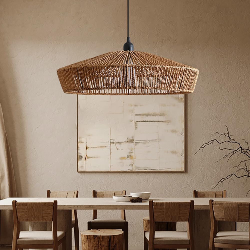 XQIDIANAA Woven Pendant Light, Modern Boho Chandelier Handwoven Hemp Rope Shade, Japandi Pendant Light Fixtures Farmhouse Ceiling Hanging Lamp for Dining Room, Kitchen Bedroom, Entryway, Foyer