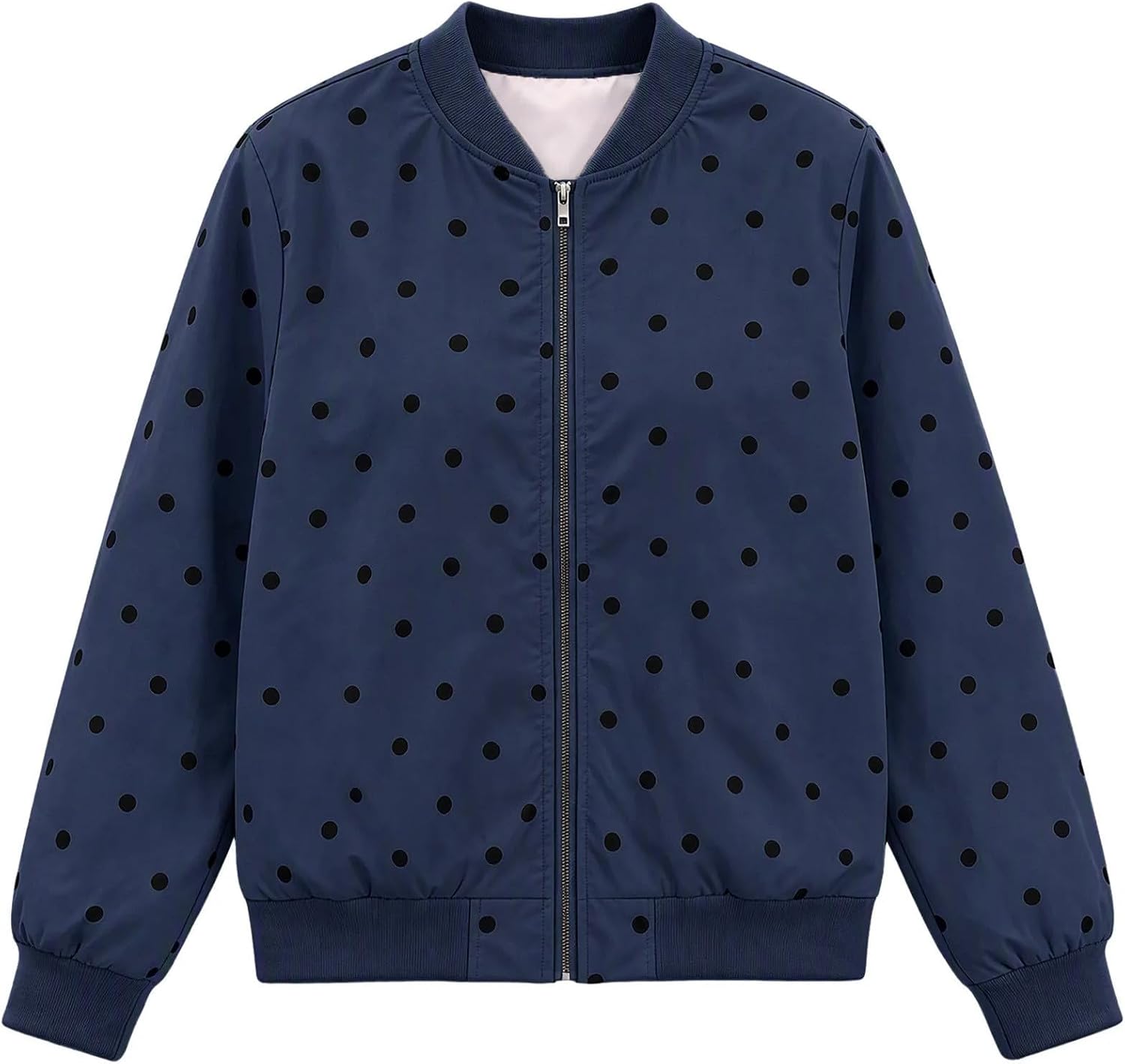 Women's Polka Dot Bomber Jacket Zip Up Long Sleeve Casual Outerwear