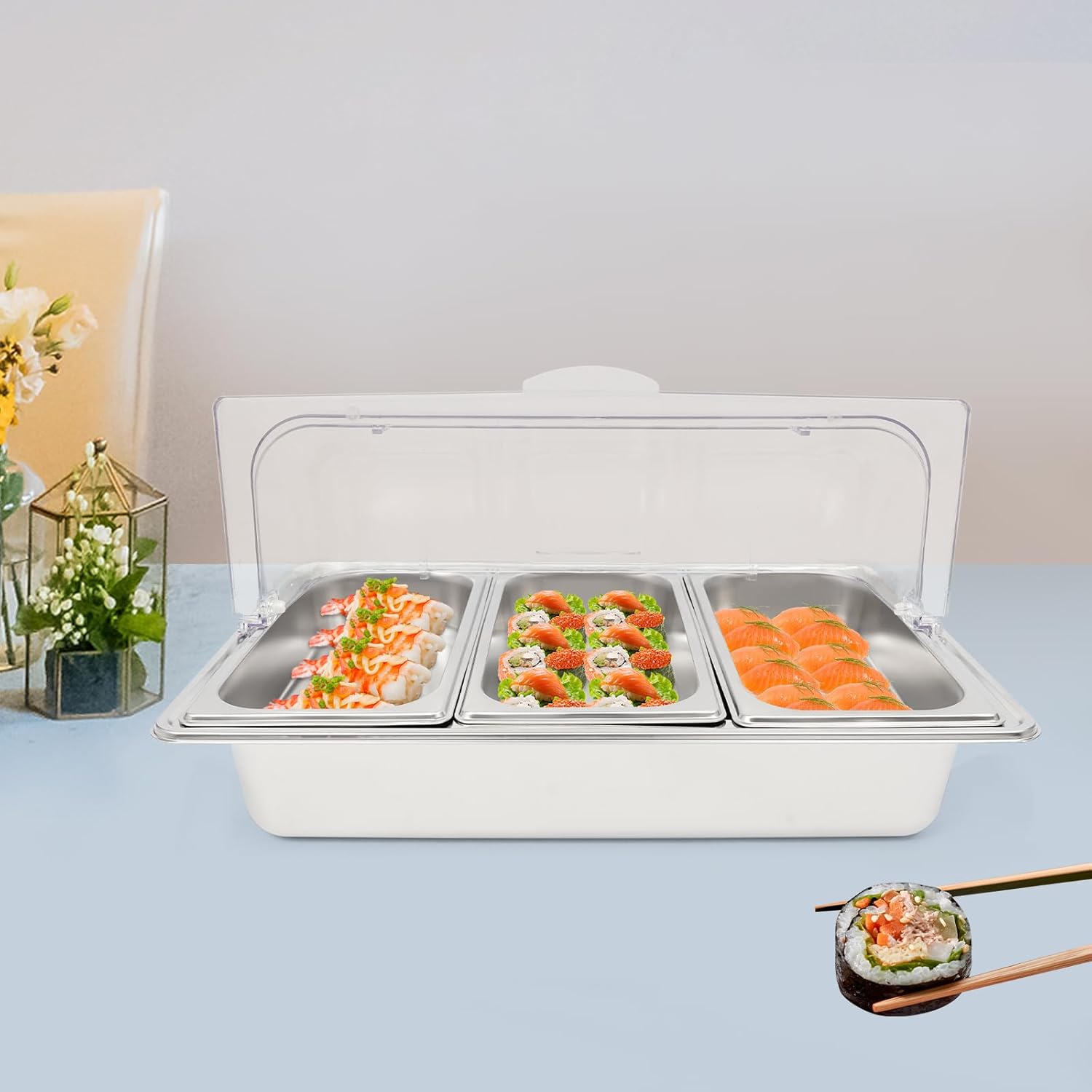 Countertop Food Serving Display Container with Clear Roll Top Cover – 3 Pan Stainless Steel Buffet Server, Ice Display, Salad Bar Station for Restaurant Kitchen Party (22.24 x 14.17 x 11.81 in)