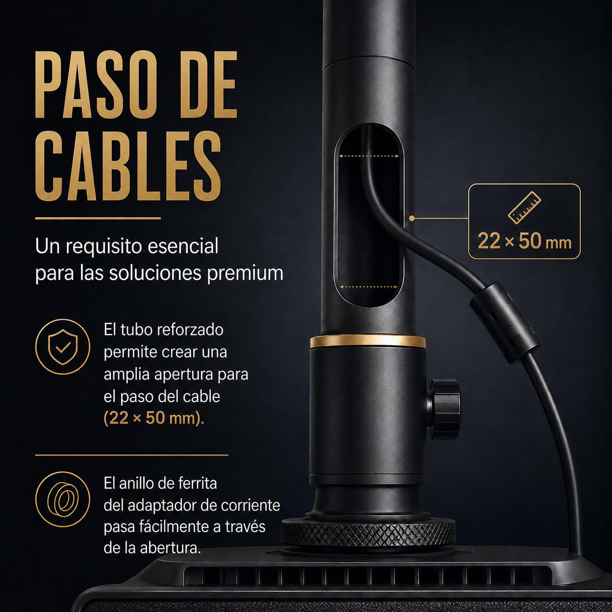 Soporte de techo para proyector – Compartimento de alimentación integrado, carga 10 kg, longitud ajustable 18-48 cm, articulación semiesférica 360°, cable oculto