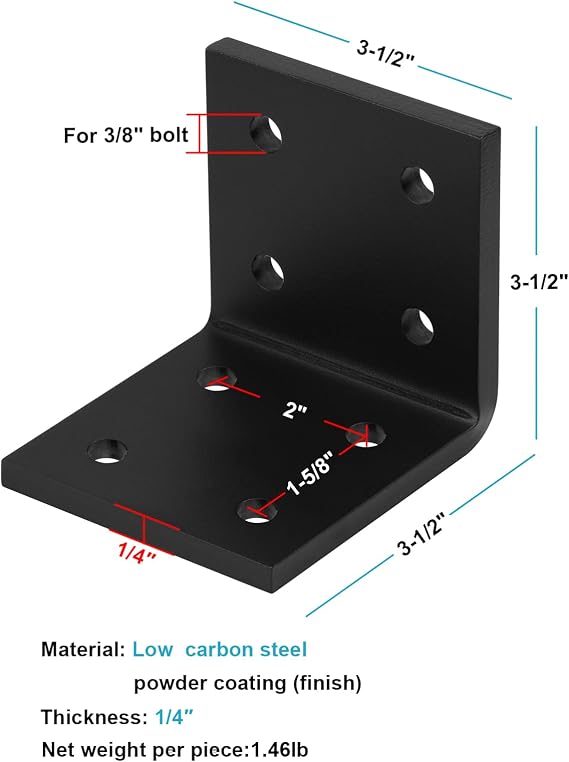 4 PCS 3-1/2 Heavy-Duty Steel L-Brackets, 90 Degree Corner Support, 1/4 Thick, Up to 300 lbs
