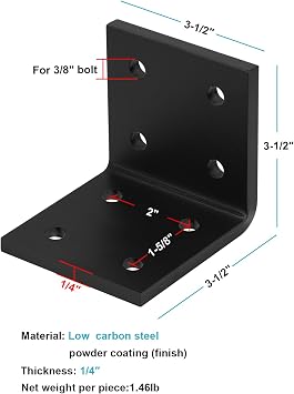 4 PCS 3-1/2 Heavy-Duty Steel L-Brackets, 90 Degree Corner Support, 1/4 Thick, Up to 300 lbs