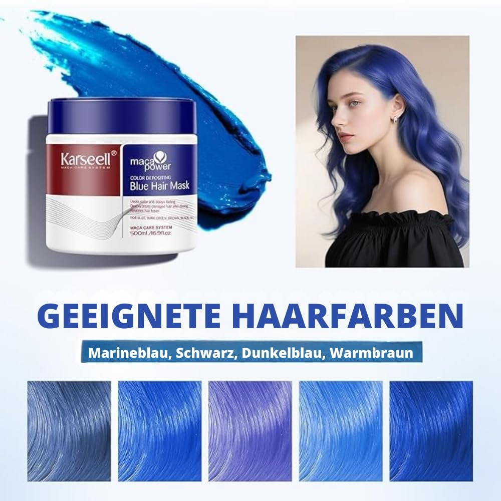 Karseell MACA CARE SYSTEM Blaue Pigment Haarmaske Tönung Farbauffrischung Verstärkt Kühle Blautöne Hydratisiert Repariert Anti-Frizz Für Trockenes Beschädigtes Coloriertes Haar 500ml