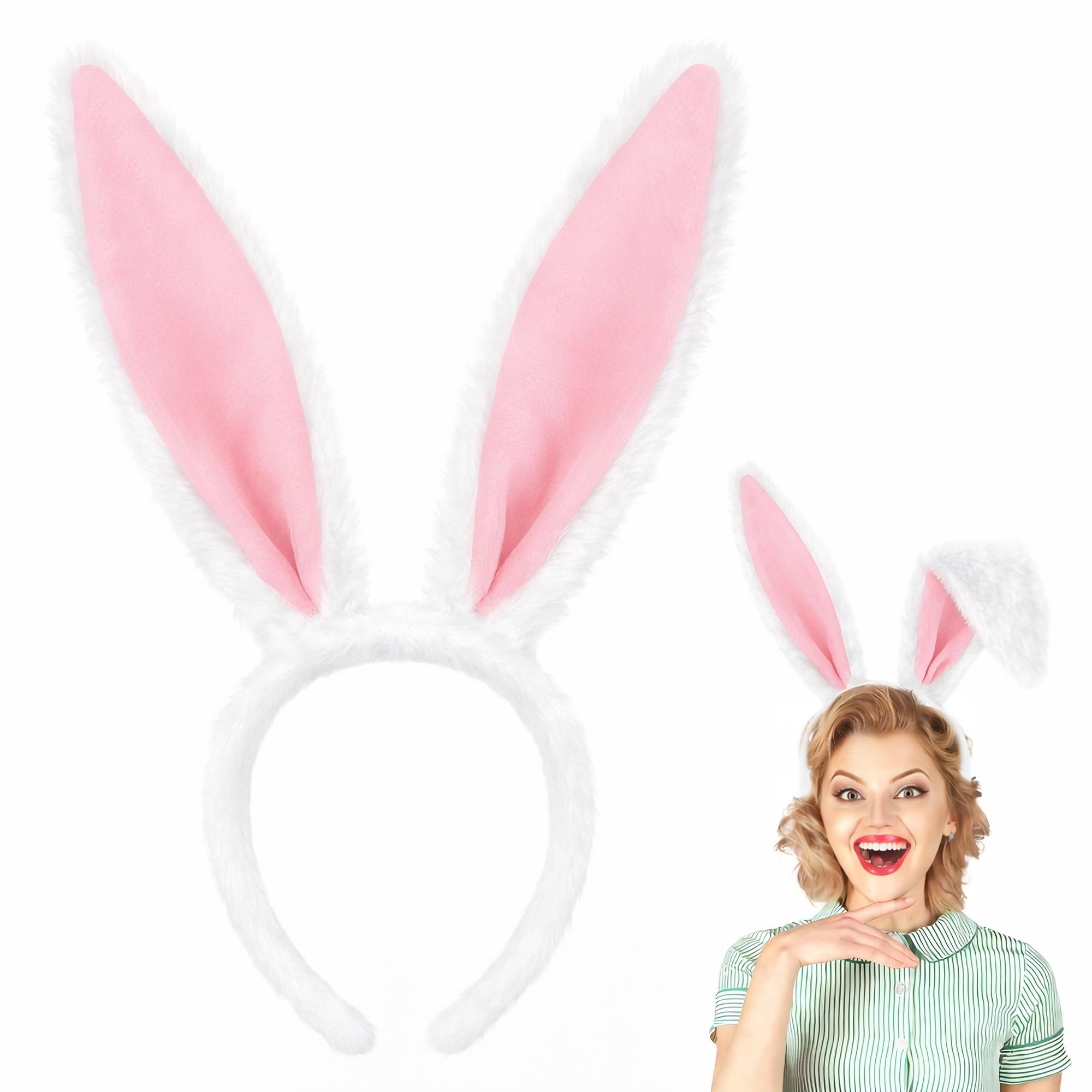 IGMaryBox Pink White Plush Bunny Ears Headband for Women, Soft Fluffy Rabbit Ear Headband for Easter Party, Bunny Costume Accessories, Halloween