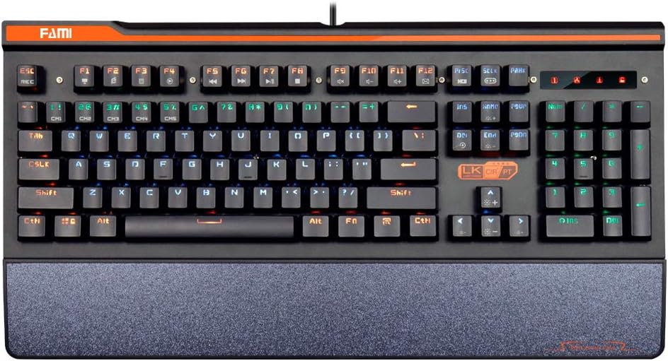 FAMI KG201 Mechanical Gaming Keyboard for E-Sports, Detachable Wrist Rest, Optical Mechanical Switch, RGB LED Backlit Backlight, IPX8 Waterproof, 104 Keys, Crisp Audible Click and Tactile Touch, Wired