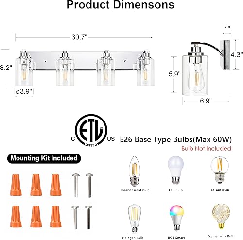 Miniatura 2 de Lámparas de baño de 4 luces, modernas luces cromadas para tocador de baño, accesorios de iluminación sobre espejo con pantalla de vidrio