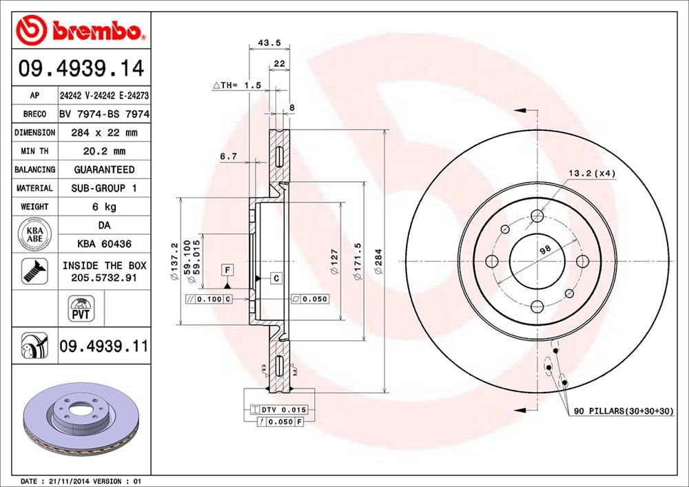 Brembo 09.4939.11 - Disco Freno con Verniciatura UV (Set di 2) - Anteriore