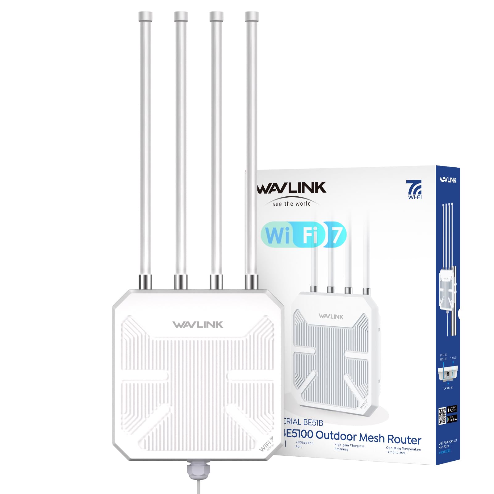 WAVLINK WiFi 7 Outdoor Mesh BE5100 – Routeur & Point d’Accès étanche IP67 avec PoE, Antennes 8 dBi, Protection Contre la Foudre pour fermes, Jardins et usages Professionnels