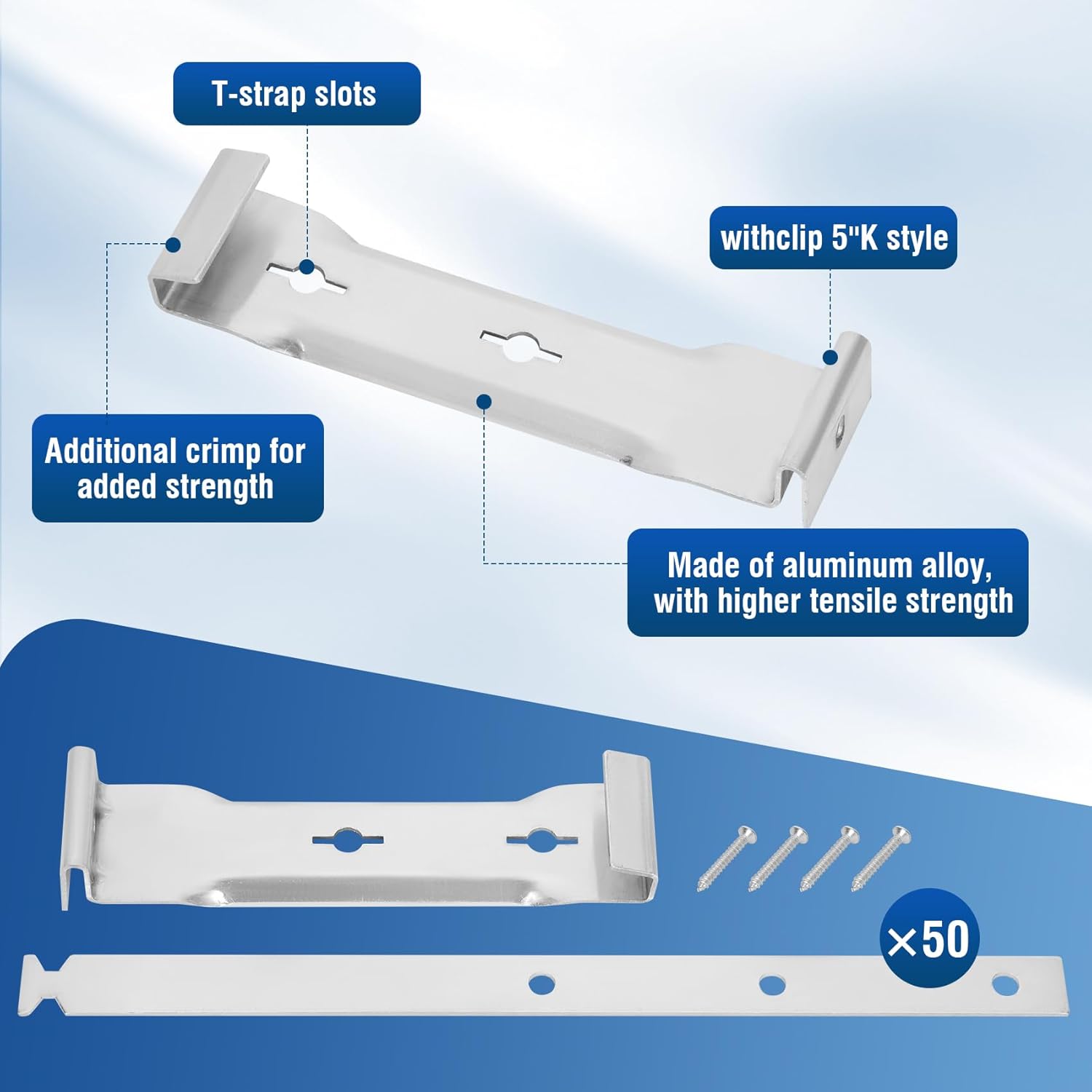 50Pcs 5 inch Aluminum Roof Gutter Hanger with Straps for Fixing Without Eaves, for Eavesless Fixing Aluminum and Steel Gutters with Rust-Resistant Screws, Strong and Durable Roof Gutters for House