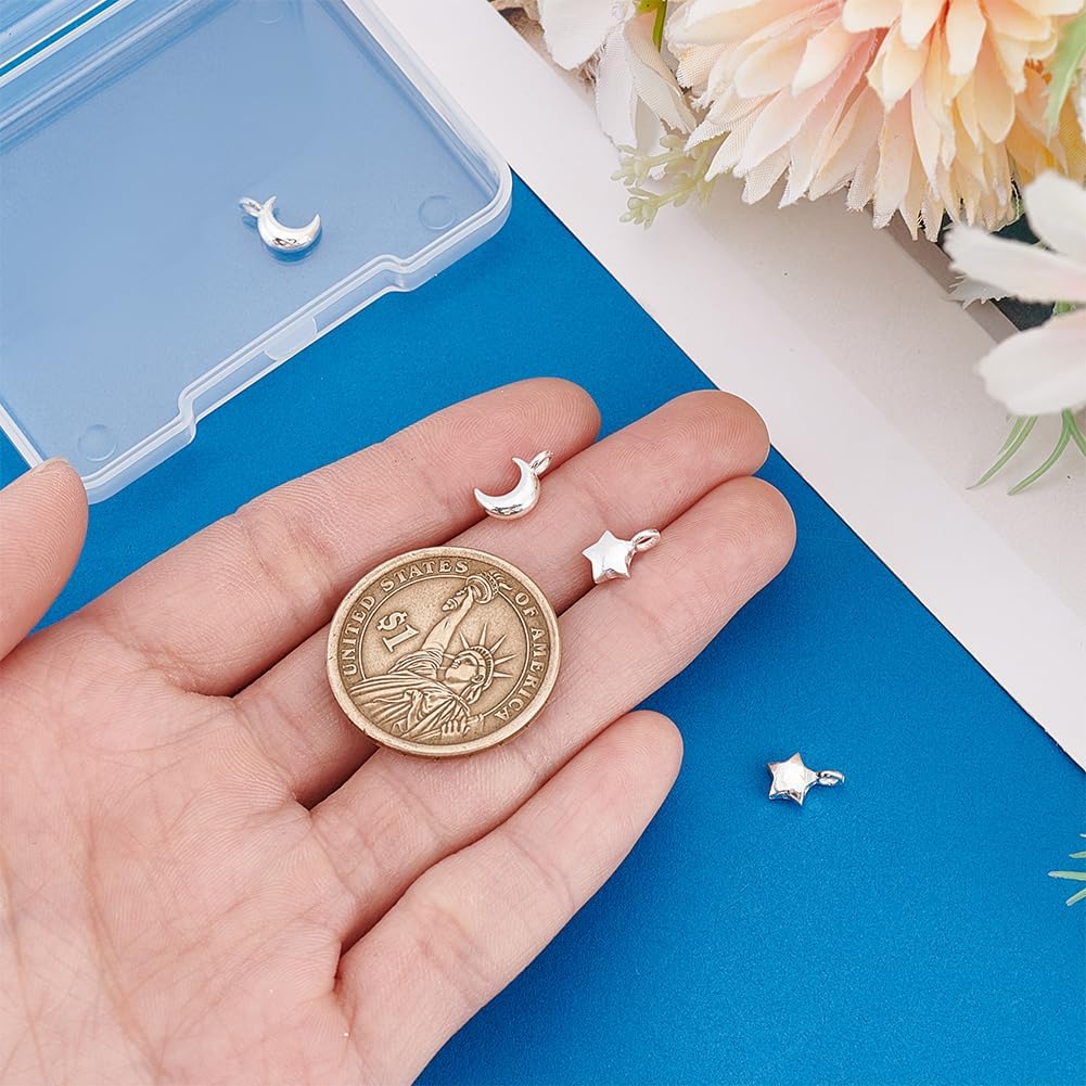 PH PandaHall 2pcs 925 Sterling Silver Charms 9~10.5mm Stars Moon Charms for Bracelets Stars Charm Dangle Pendant Charm for Women Necklace Earring Jewelry Making DIY Crafts, 1.6mm Hole