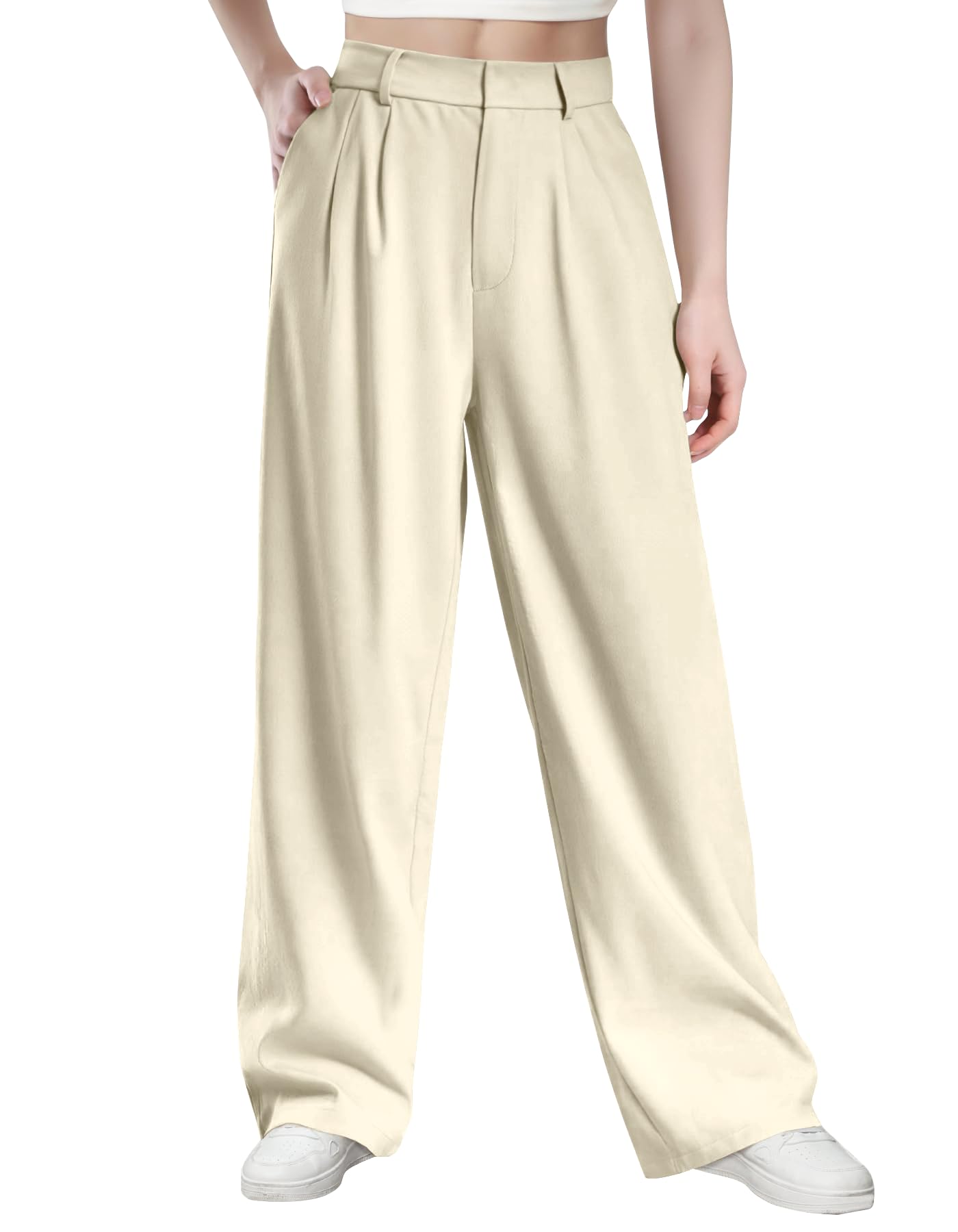 Glacspyg Damen Hohe Taille Freizeithosen Hochdichter Polyester Elasthan Stoff Business Arbeitshosen Glatte Elegante Weite Hosen mit Taschen