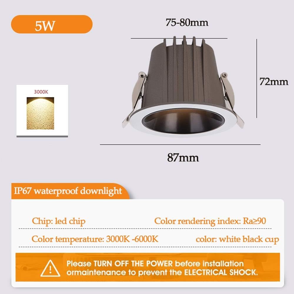USMJQVZ 5 Pack LED Lights IP67 Waterproof recessed Lights Decorative Recessed Lighting for Shower 5W,7W,10W Aluminum Body Ceiling Spotlight for Bathroom,Parlor,Bedroom,Kitchen,Balcony