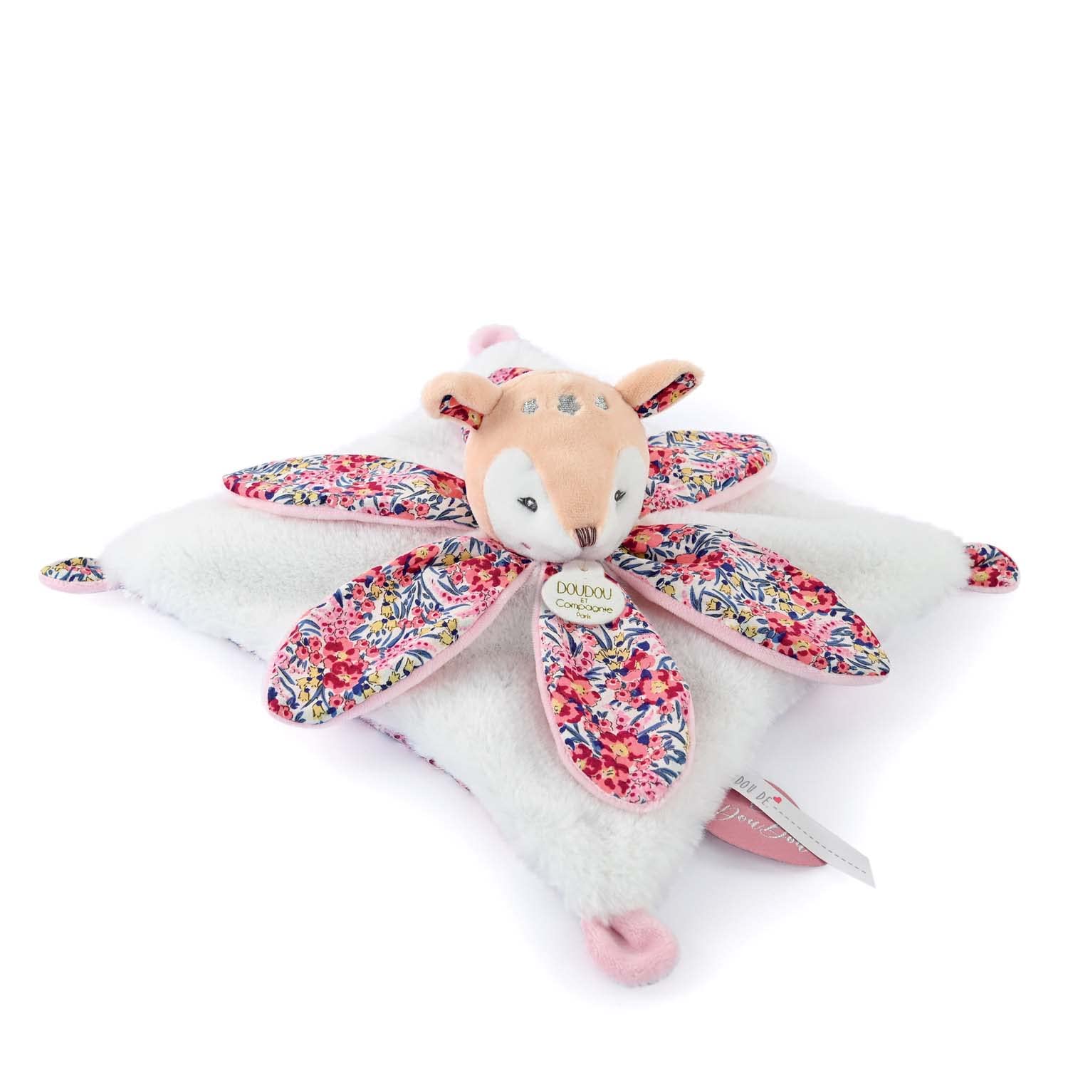 Doudou et Compagnie - BOH'AIME Kuscheltier Rehkitz weiß mit Blütenblättern – Geschenkbox – 27 cm – Geschenkidee zur Geburt für Mädchen und Jungen – DC4021