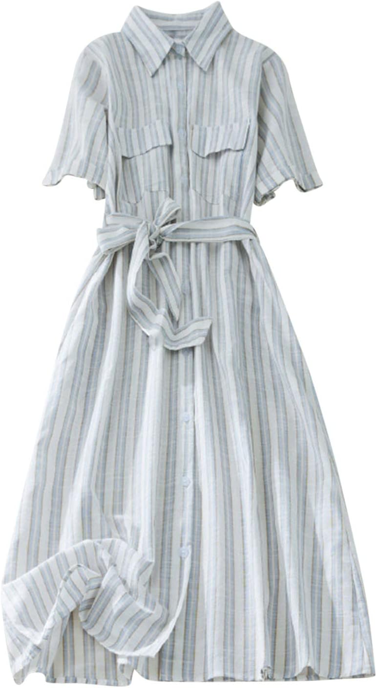 Summer Fashion Cotton Linen Shirt Dresses Women Short Sleeve Button Down High Waist Slim Long Dress Casual Maxi Dress