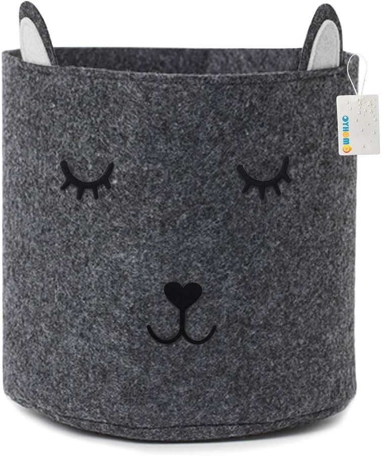 OYHOMO Felt Laundry Basket Collapsible Children's Storage Basket Nursery Storage Bin Cute Cat Hamper for Kids Toys, Clothes, Towels - Grey