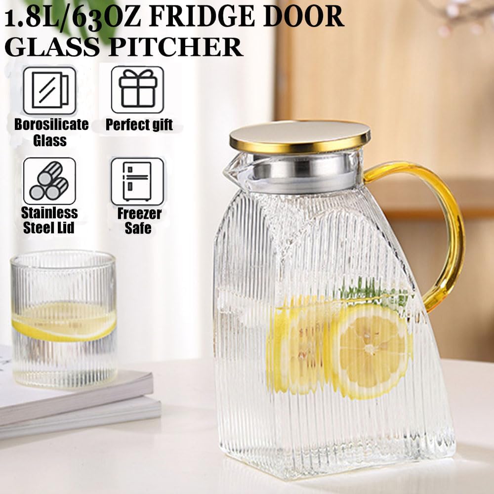 Glass Pitcher with Stainless Steel Gold Lid - 1.8L Ideal Fridge Door Water Pitcher for Hot or Cold Beverage, Iced Tea, Juice, Milk, Coffee, Lemonade - Image 2