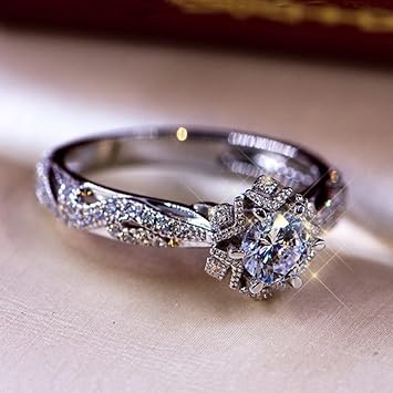 925 Sterling Silver Shiny Full Diamond Ring Cubic Zirconia Flower Ring CZ Diamond Ring Personality Ring for Women Luxury and Delicate Female Style Wedding Engagement Princess Ring Jewelry (US Code 6)