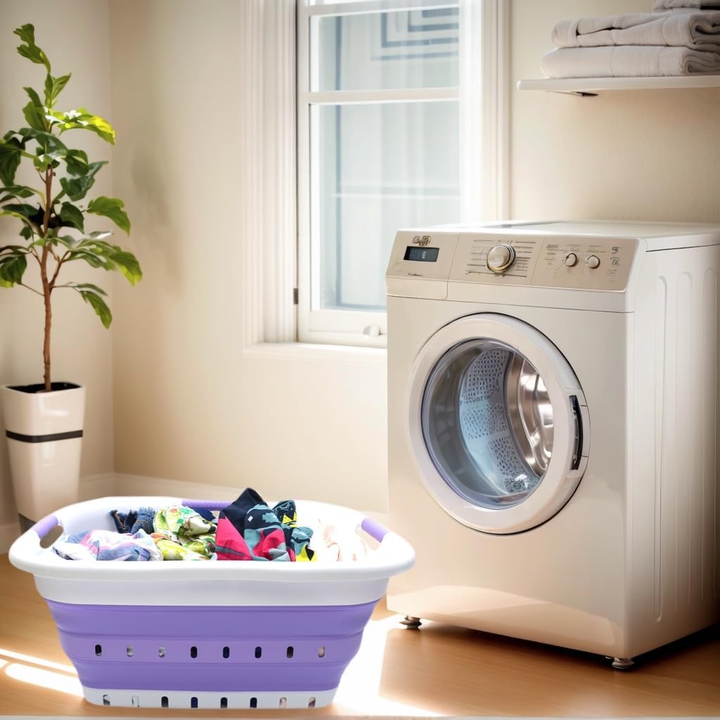 SAMMART 41L Collapsible 3 Handled Plastic Laundry Basket - Foldable Pop Up Storage Container/Organizer - Portable Basket - Space Saving Hamper/Basket (3 handled rectangular, White/Lt. Purple)