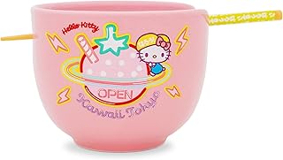 Sanrio Hello Kitty "Kawaii Tokyo" Ceramic Ramen Dinnerware Set | Includes 20-Ounce Noodle Bowl and Wooden Chopsticks