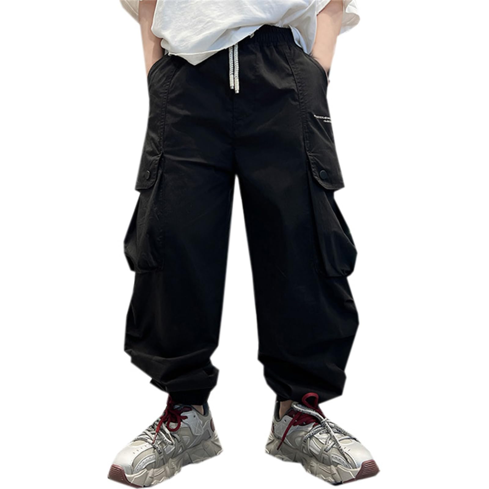 Boy's Cargo Joggers Elastic Waist Drawstring Casual Pants, Black, 4-5T = Tag 120