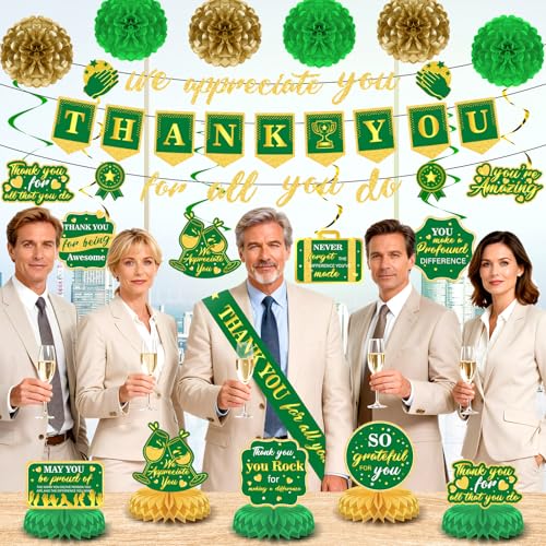 Image of We Appreciate You Party Decorations Green Gold Thank You for All You Do Banner Honeycomb Centerpieces Hanging Swirls for Office Employee Pastor Teacher Doctor Graduation Appreciation Party Decor