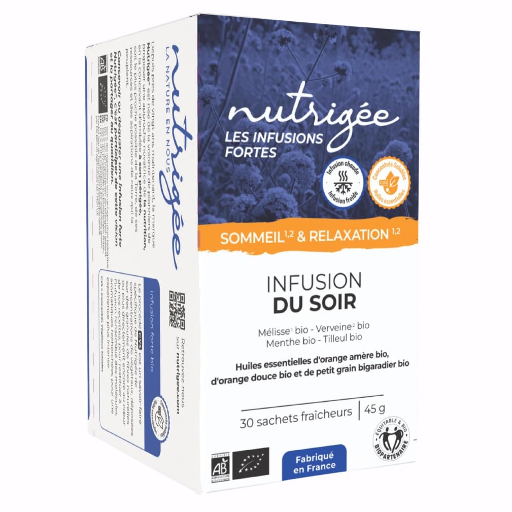 Nutrigée - Infusion Du Soir Bio | Sommeil Naturel & Réparateur | Tilleul, Menthe, Verveine, Mélisse | Huiles Essentielles Orange Douce & Petit Grain Bigaradier | Détente | 30 Sachets